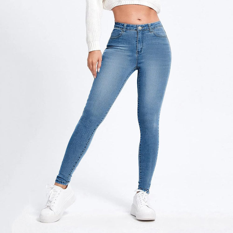 Casual blue jeans women featuring a flattering high-rise fit and premium stretch fabric for comfort and style