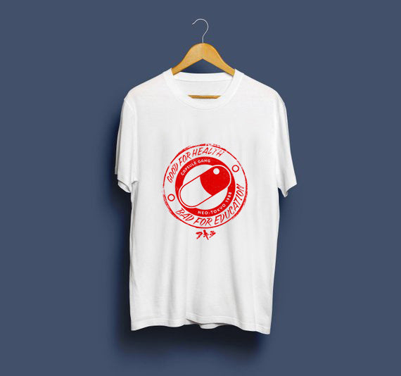 White MONO//FIT Akira capsule tee men with bold red printed graphic design