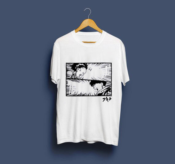 MONO//FIT Akira capsule tee men featuring a dynamic comic-style graphic design on a white background