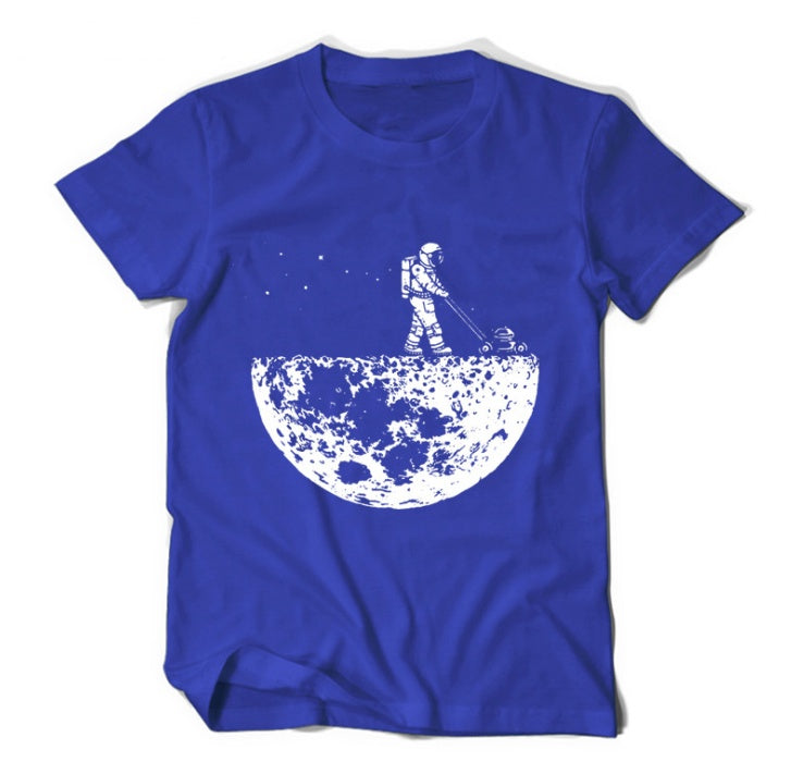 MONO//FIT astronaut graphic tees in blue featuring an astronaut on the moon