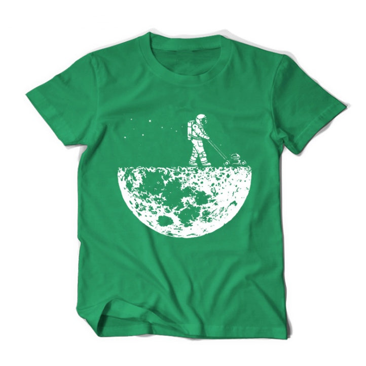 Green MONO//FIT astronaut graphic tees featuring a space scene with an astronaut on the moon