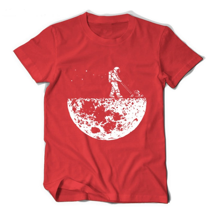 Red MONO//FIT astronaut graphic tees featuring a space-themed design of an astronaut on the moon