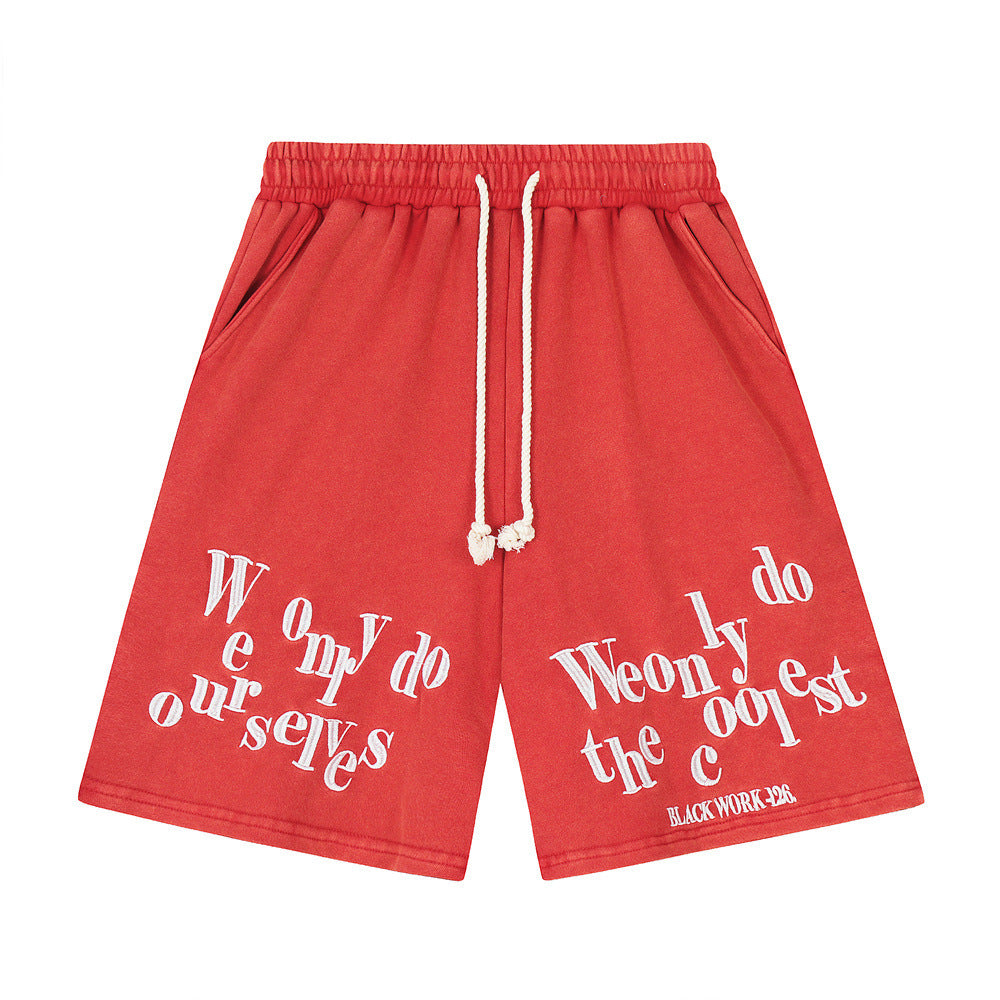 Comfortable red MONO//FIT shorts with unique print, perfect for casual wear and stylish black shorts for men.