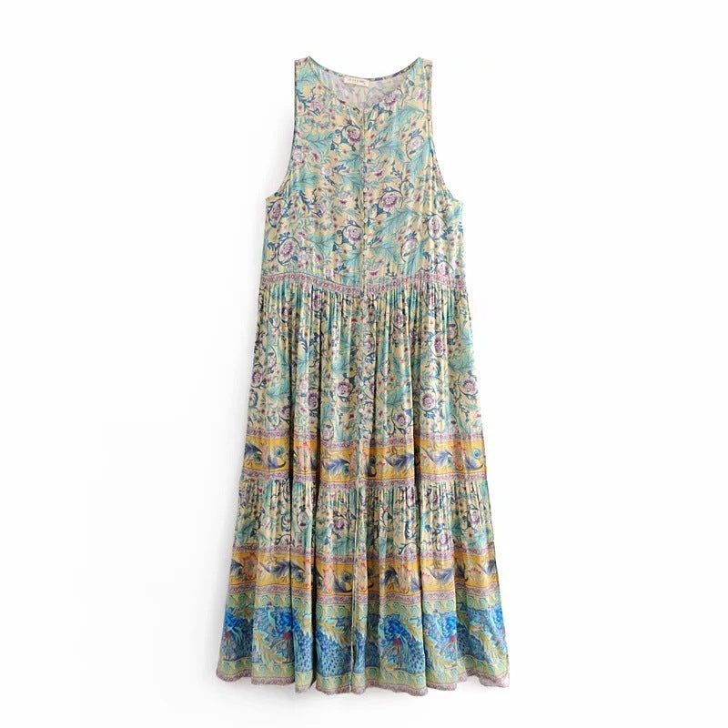 MONO//FIT Bohemian beach dresses with a colorful floral pattern and tiered design, perfect for summer outings