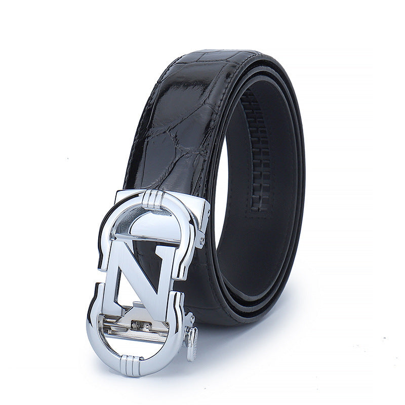 Stylish MONO//FIT business leather belt for men's with a sleek silver buckle and crocodile texture