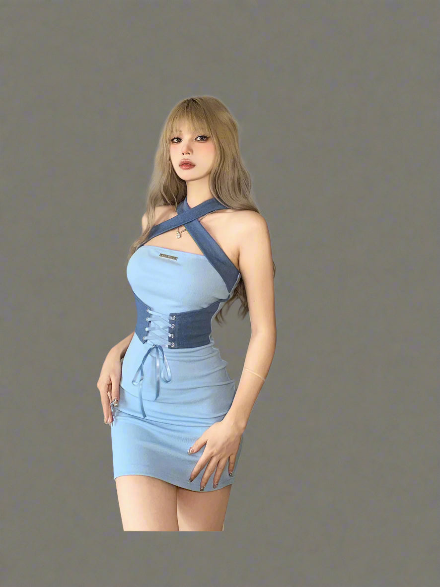 MONO//FIT corset style dress in light blue with a fitted silhouette and stylish cutouts