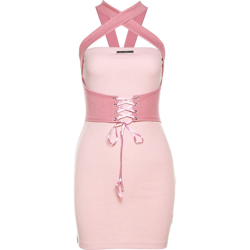 MONO//FIT Corset style dress in pink with crisscross straps and lace-up detail