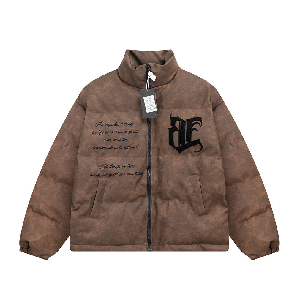 Brown MONO//FIT cotton padded winter jacket with stylish text and logo for warmth and fashion