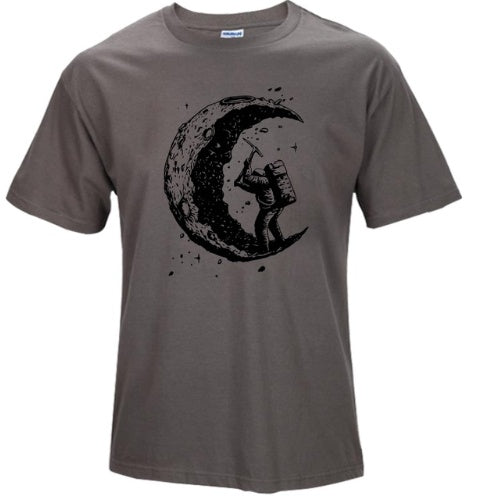 Men's MONO//FIT digging the moon graphic tee with astronaut design on a gray background