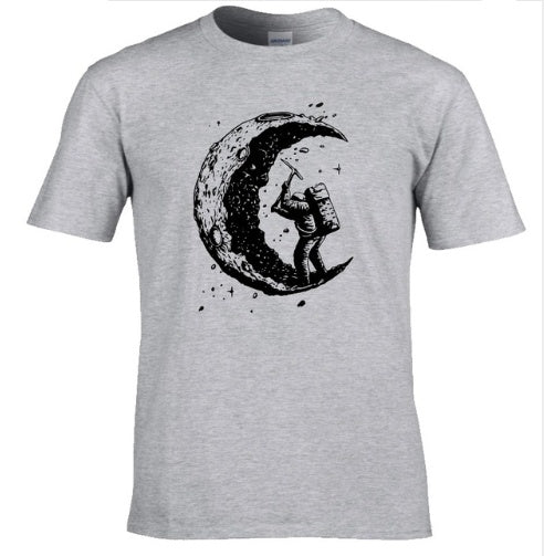 Light gray digging the moon graphic tee featuring an astronaut on the crescent moon