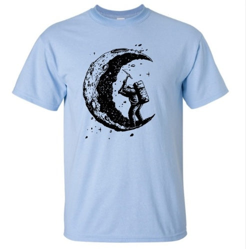 Light blue digging the moon graphic tee featuring an astronaut digging the moon design