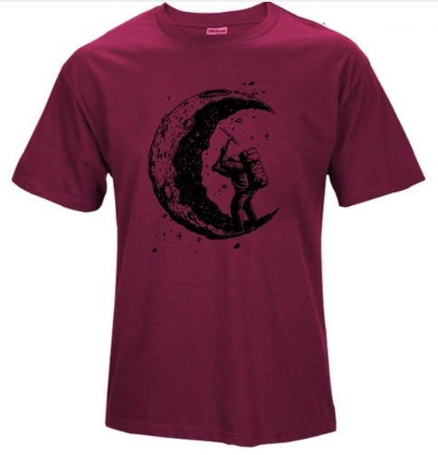MONO//FIT digging the moon graphic tee in maroon featuring an astronaut on a crescent moon