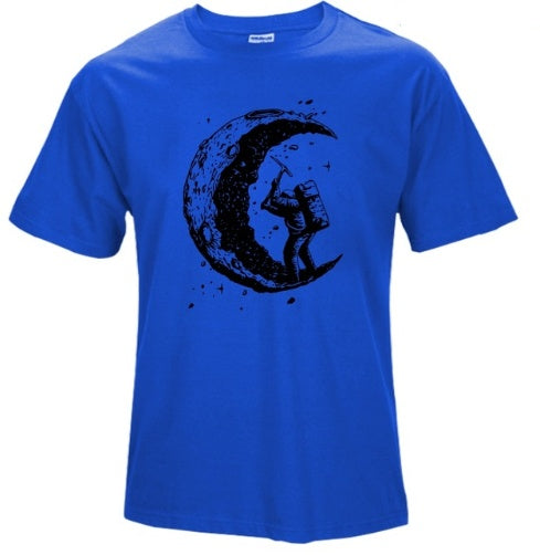 Blue MONO//FIT digging the moon graphic tee featuring an astronaut with a crescent moon design