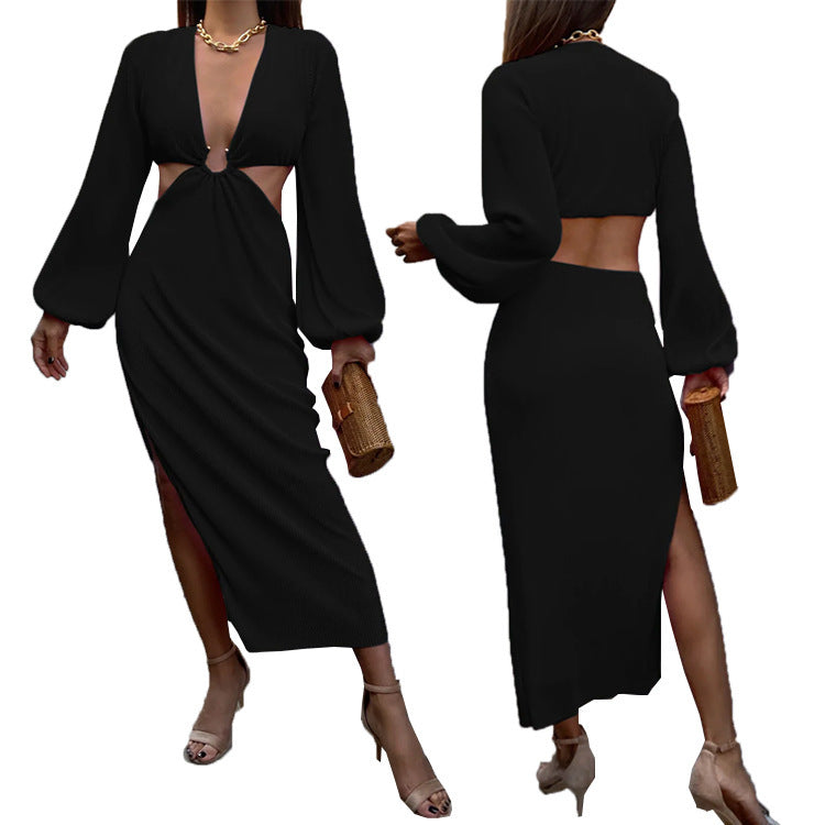 Elegant black fashionable women's dresses with long sleeves and cut-out design for stylish occasions