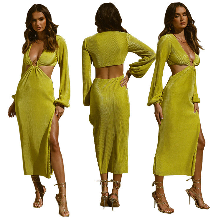 Stylish MONO//FIT fashionable women's dresses in bright green with a front cutout and long sleeves
