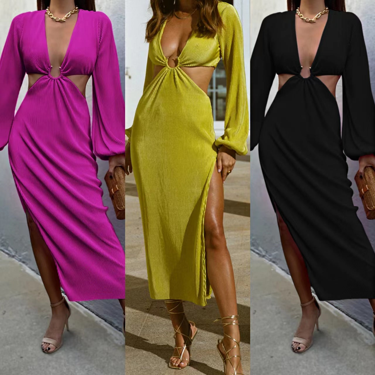 Trendy MONO//FIT fashionable women's dresses in pink, yellow, and black with stylish cut-out designs