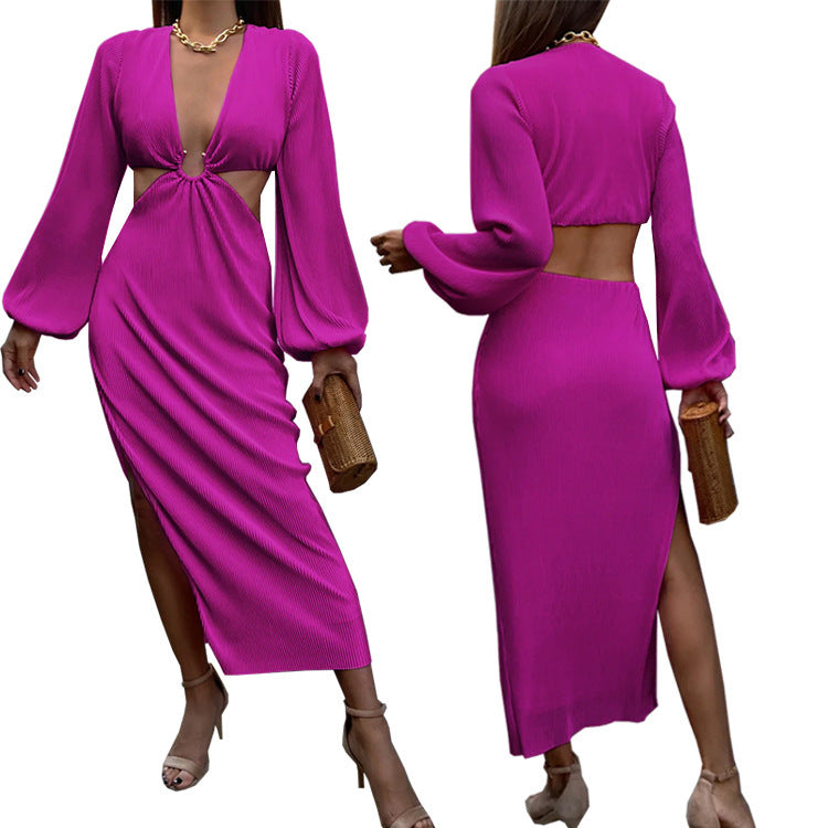 Stylish MONO//FIT fashionable women's dresses in vibrant pink with cutout details and balloon sleeves