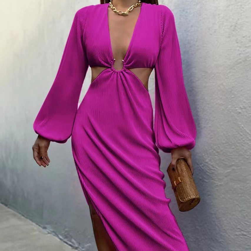 Fashionable women's dresses in vibrant pink with cutouts and long sleeves for stylish outings