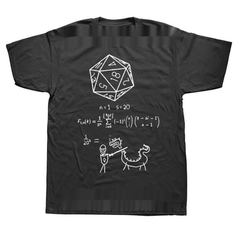 Black MONO//FIT Graphic RPG T-shirts featuring a whimsical D20 design and funny illustrations