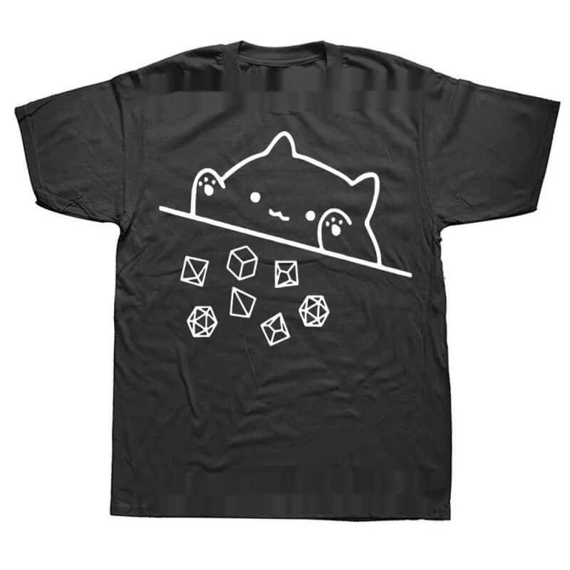 Black MONO//FIT Graphic RPG T-shirt featuring a cute cat and dice design