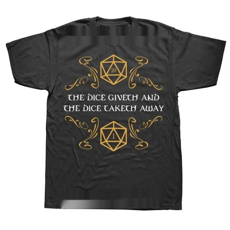 Black MONO//FIT Graphic RPG T-shirts featuring a D20 dice design and a quote about dice