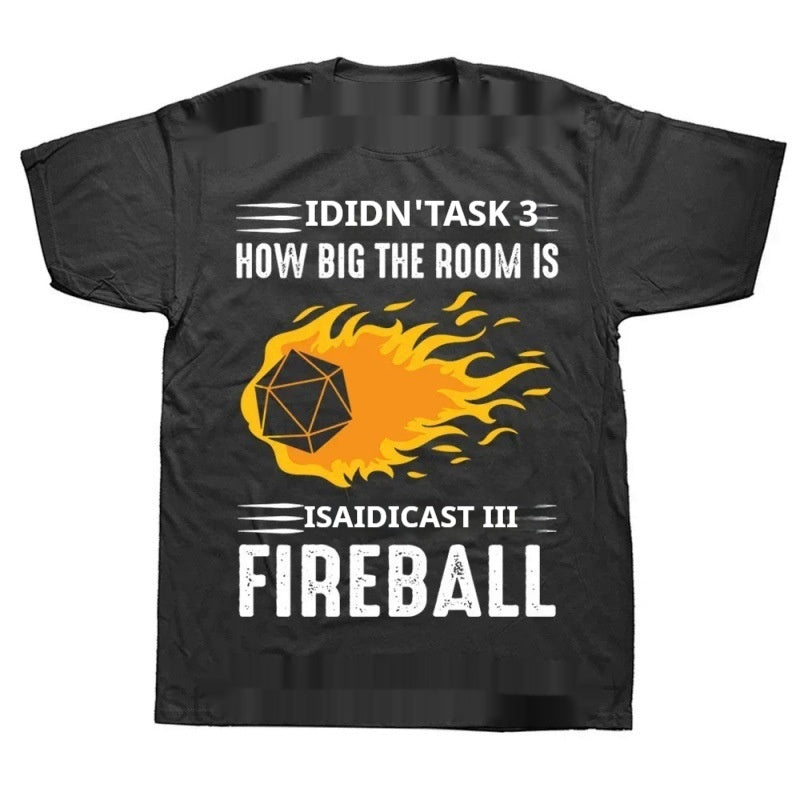 Black Graphic RPG T-shirts featuring a fireball design and playful text for tabletop gamers