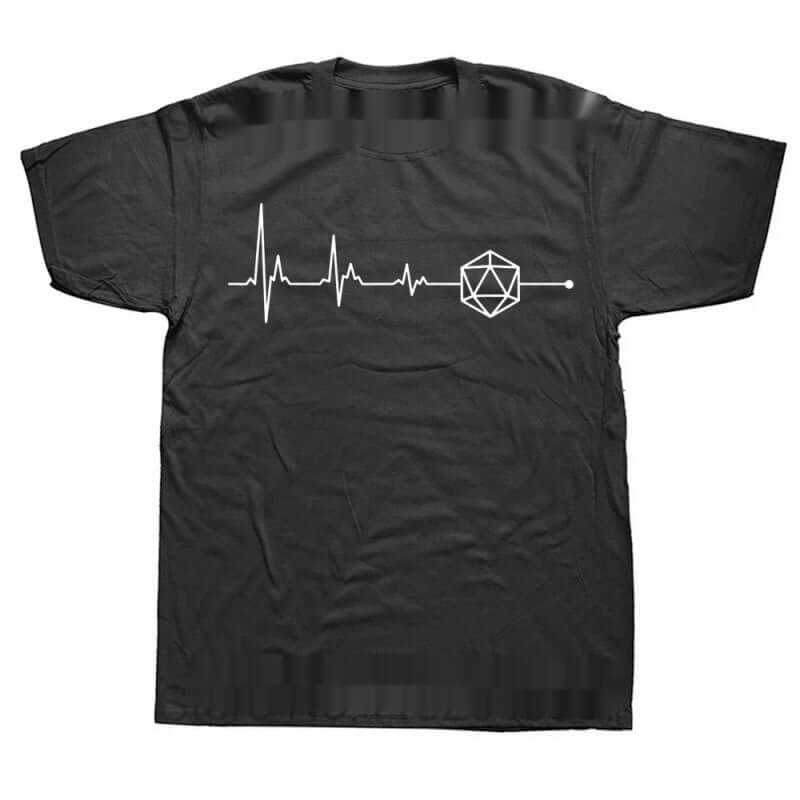 Black MONO//FIT Graphic RPG T-shirt with heartbeat line and geometric dice design