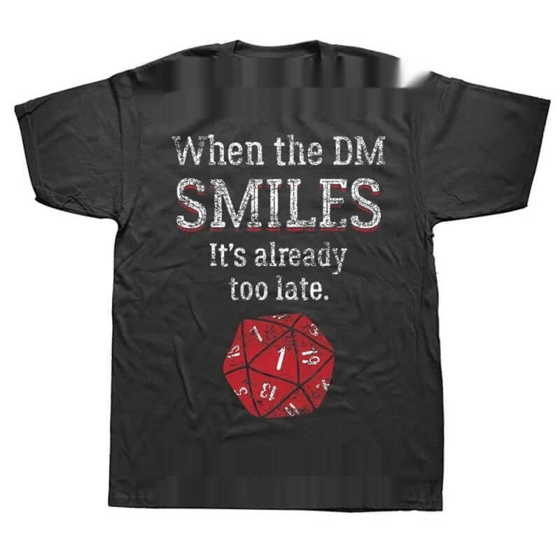 MONO//FIT Graphic RPG T-shirts featuring a humorous DM quote and D20 dice design