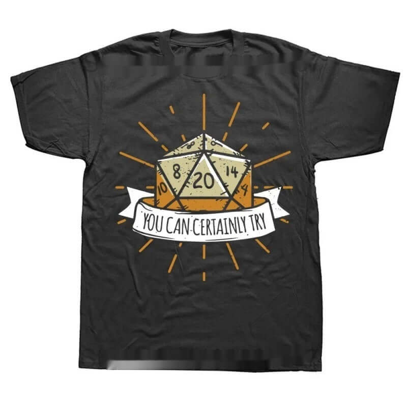 Black MONO//FIT Graphic RPG T-shirts featuring a colorful 20-sided die design with the text You Can Certainly Try