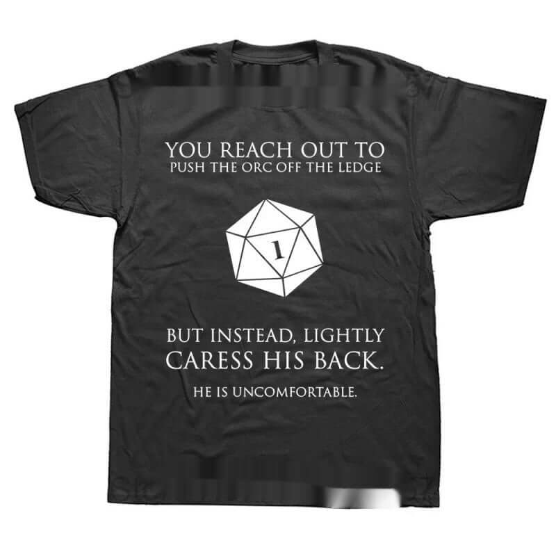 MONO//FIT Graphic RPG T-shirts featuring a humorous gaming quote and a graphic dice design
