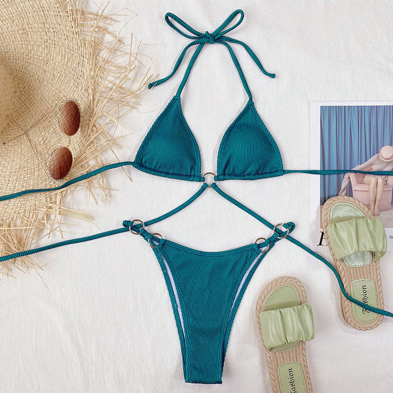 Teal MONO//FIT halter top bikini set with adjustable ties and stylish design for beachwear