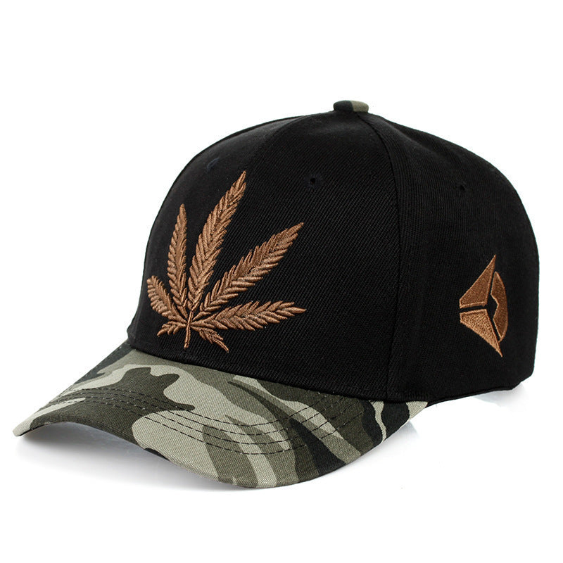 MONO//FIT Men's Cap featuring a green maple leaf design on a black base with a camo brim