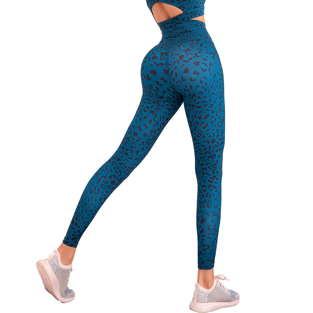 High waist yoga pants women in blue leopard print for stylish workouts and comfort