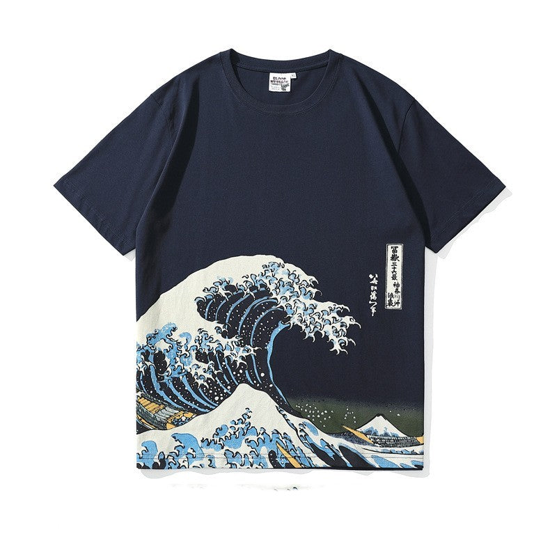 MONO//FIT Japanese graphic t-shirts featuring iconic wave artwork in dark navy color
