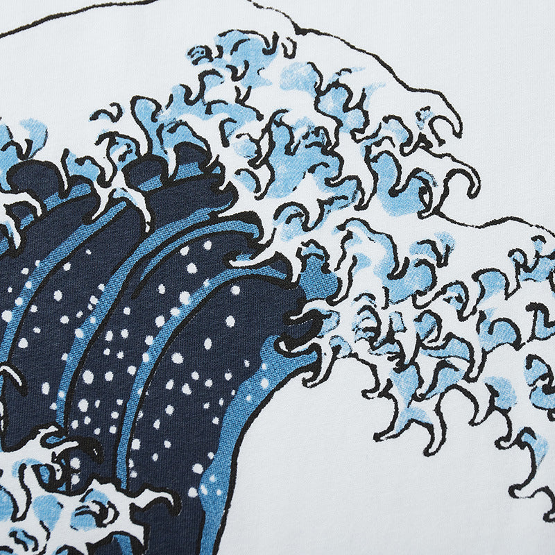 Japanese graphic t-shirts featuring a wave design in blue and white for a stylish look