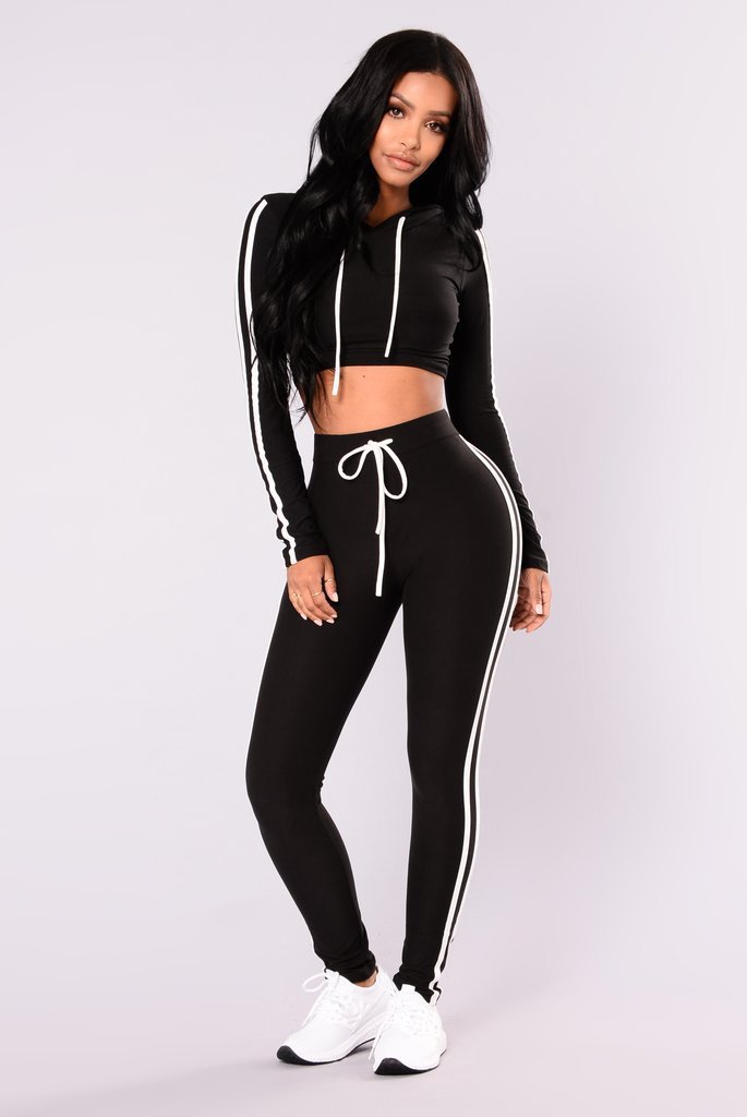 MONO//FIT ladies crop top hoodie tracksuit in black with stylish white side stripes