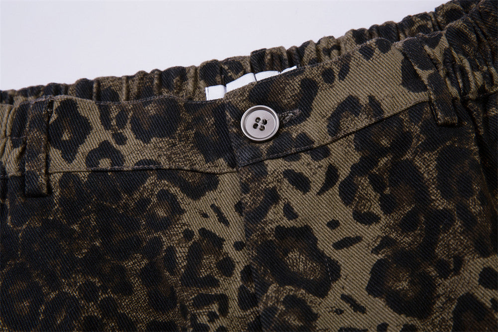 MONO//FIT leopard camouflage shorts men with comfortable elastic waistband and button detail