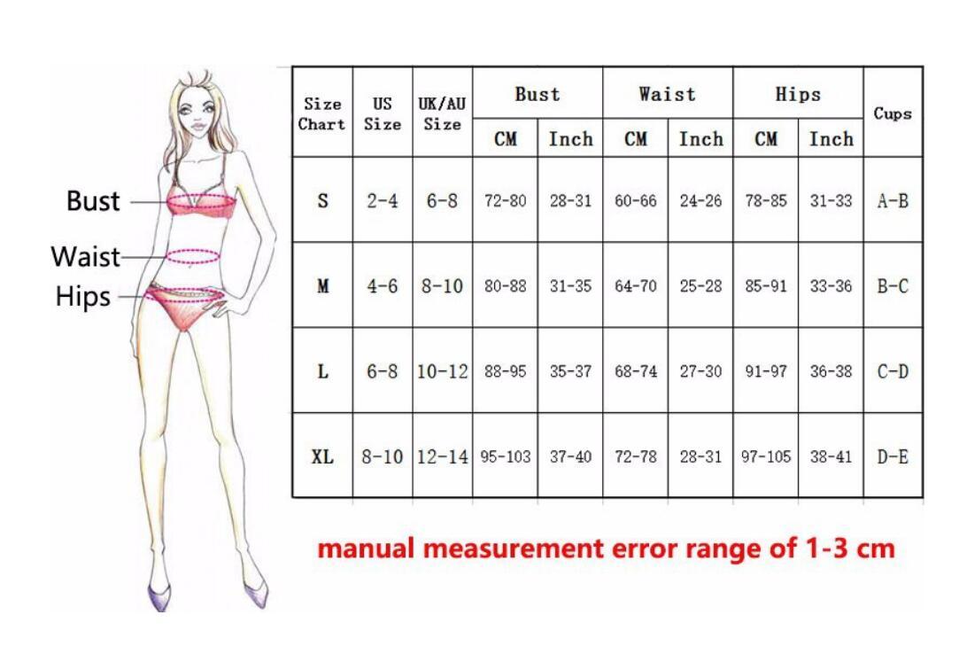 MONO//FIT Luxury Bling Bikini Set Size Chart with Bust, Waist, and Hips Measurements
