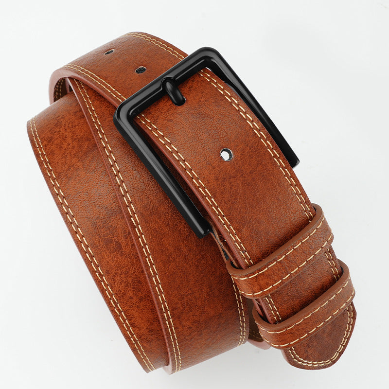 MONO//FIT Retro style leather belt in brown with a stylish black buckle and stitched details