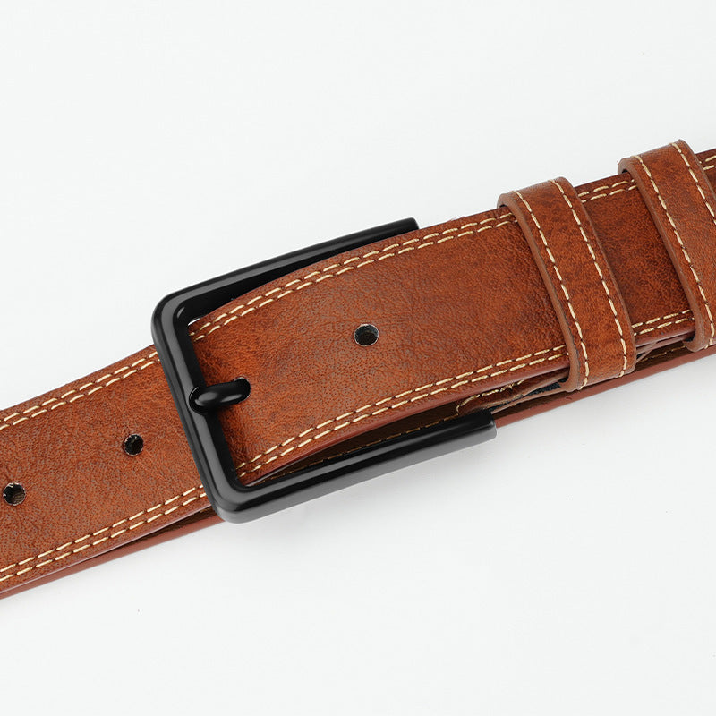 MONO//FIT Retro style leather belt in brown with contrasting white stitching and a sleek black buckle