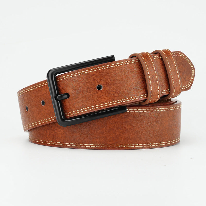 Retro style leather belt by MONO//FIT in brown with contrasting stitching and a classic buckle