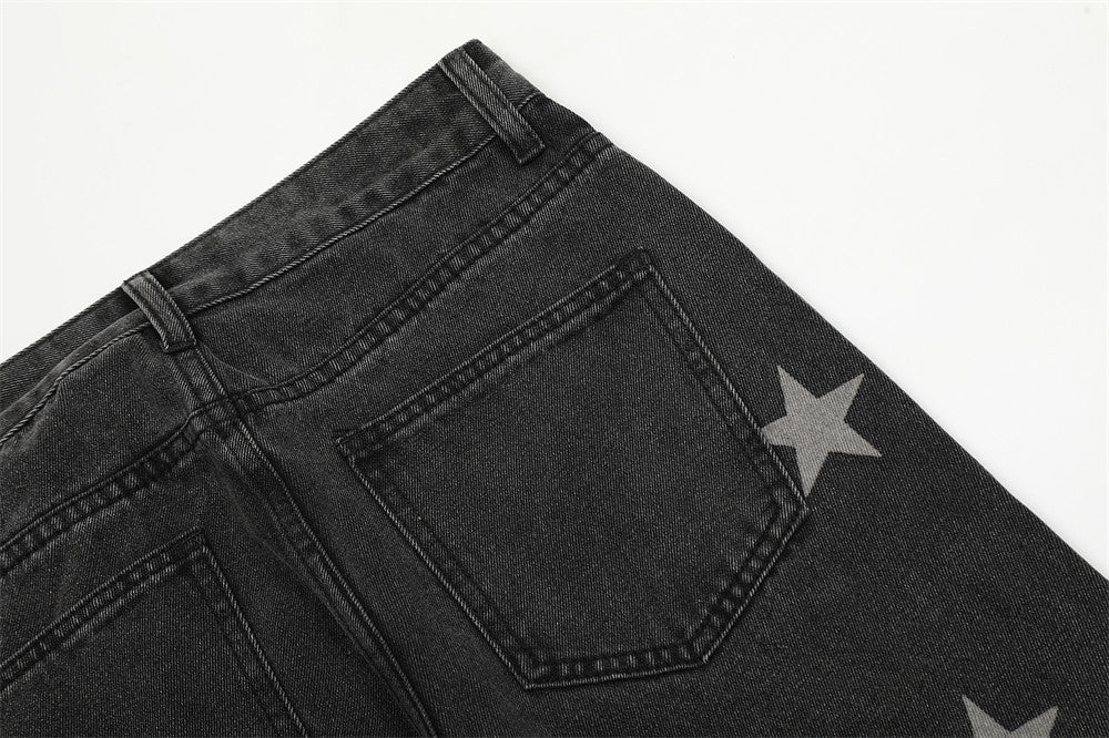 MONO//FIT star pattern straight jeans featuring a stylish design and gray star accents on a black fabric