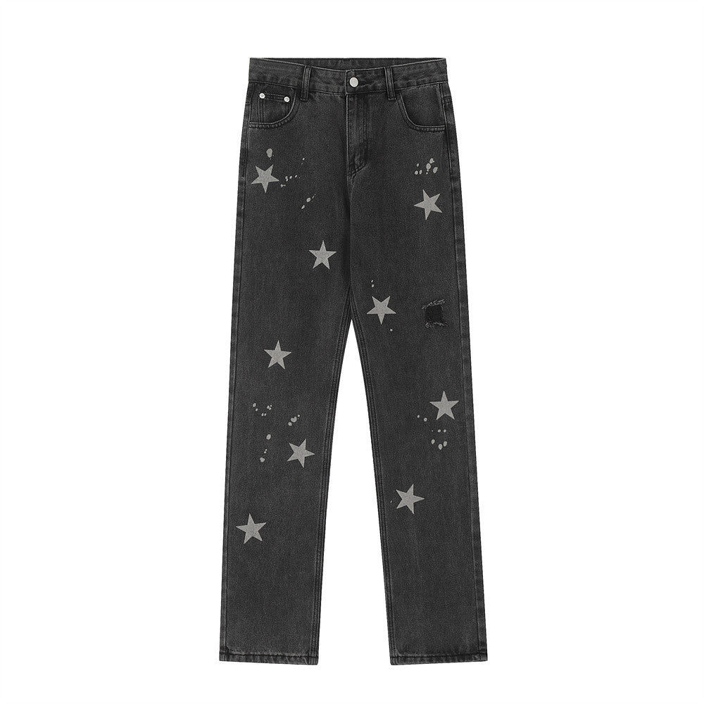 MONO//FIT star pattern straight jeans in black with grey star designs and a relaxed fit