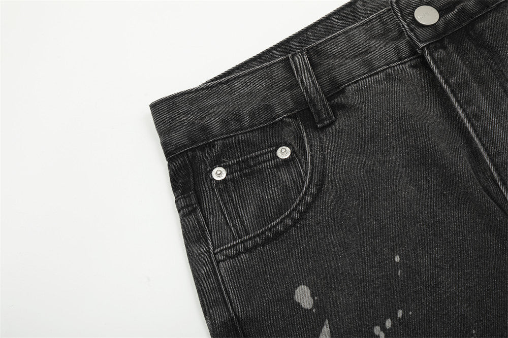 MONO//FIT star pattern straight jeans in black with unique splatter design for trendy looks