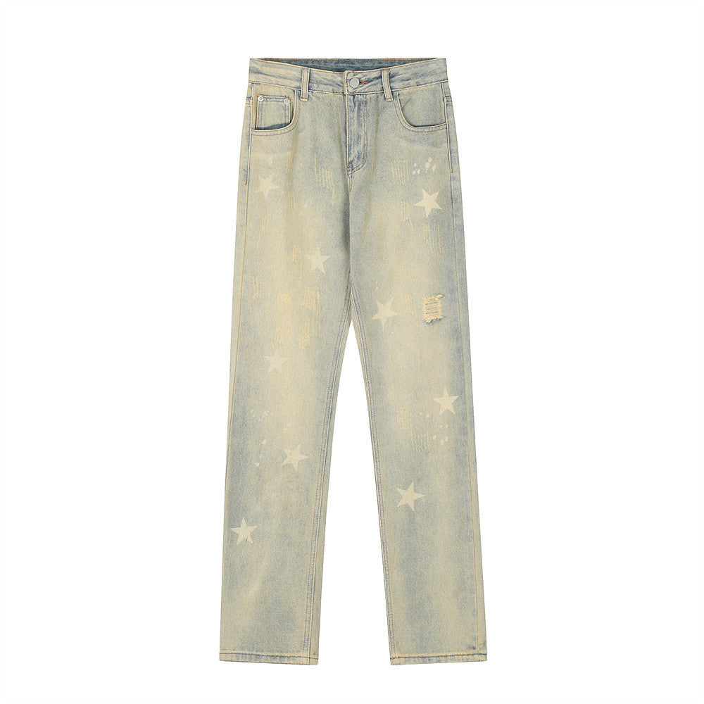 MONO//FIT star pattern straight jeans in light wash with distressed details and star prints