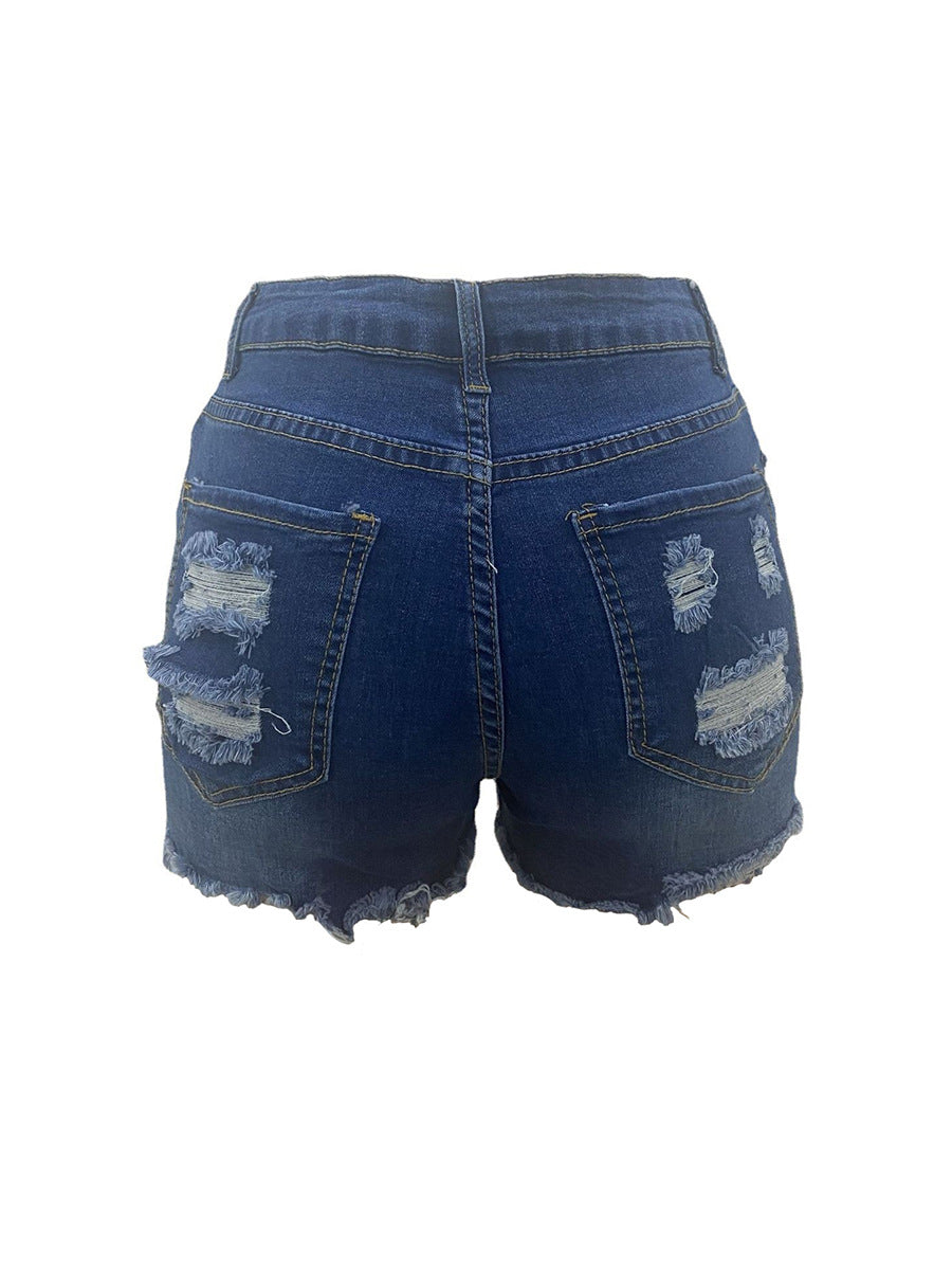 Back view of MONO//FIT women's elastic jean shorts with distressed details and frayed hem