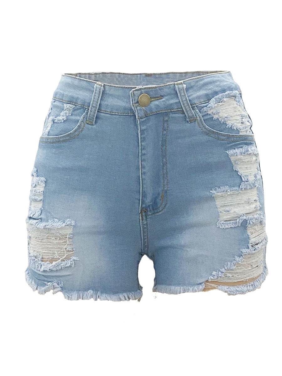 MONO//FIT women's elastic jean shorts in light blue with distressed details and frayed hem