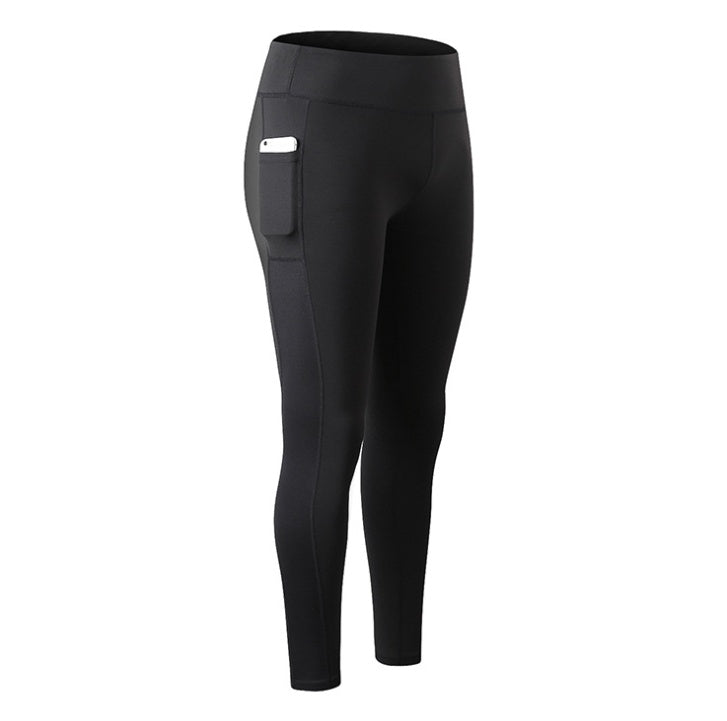 Women's fitness running leggings in black with a side pocket for convenience during workouts