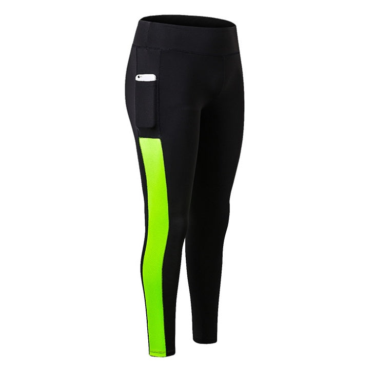 Women's fitness running leggings in black with neon green side panel and pocket for convenience