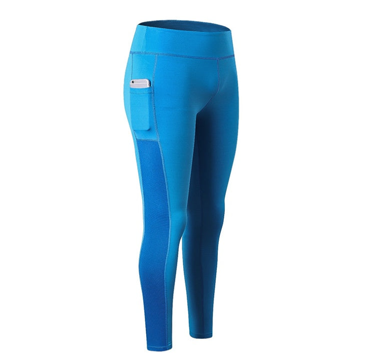 Blue women's fitness running leggings with side pocket for convenience during workouts